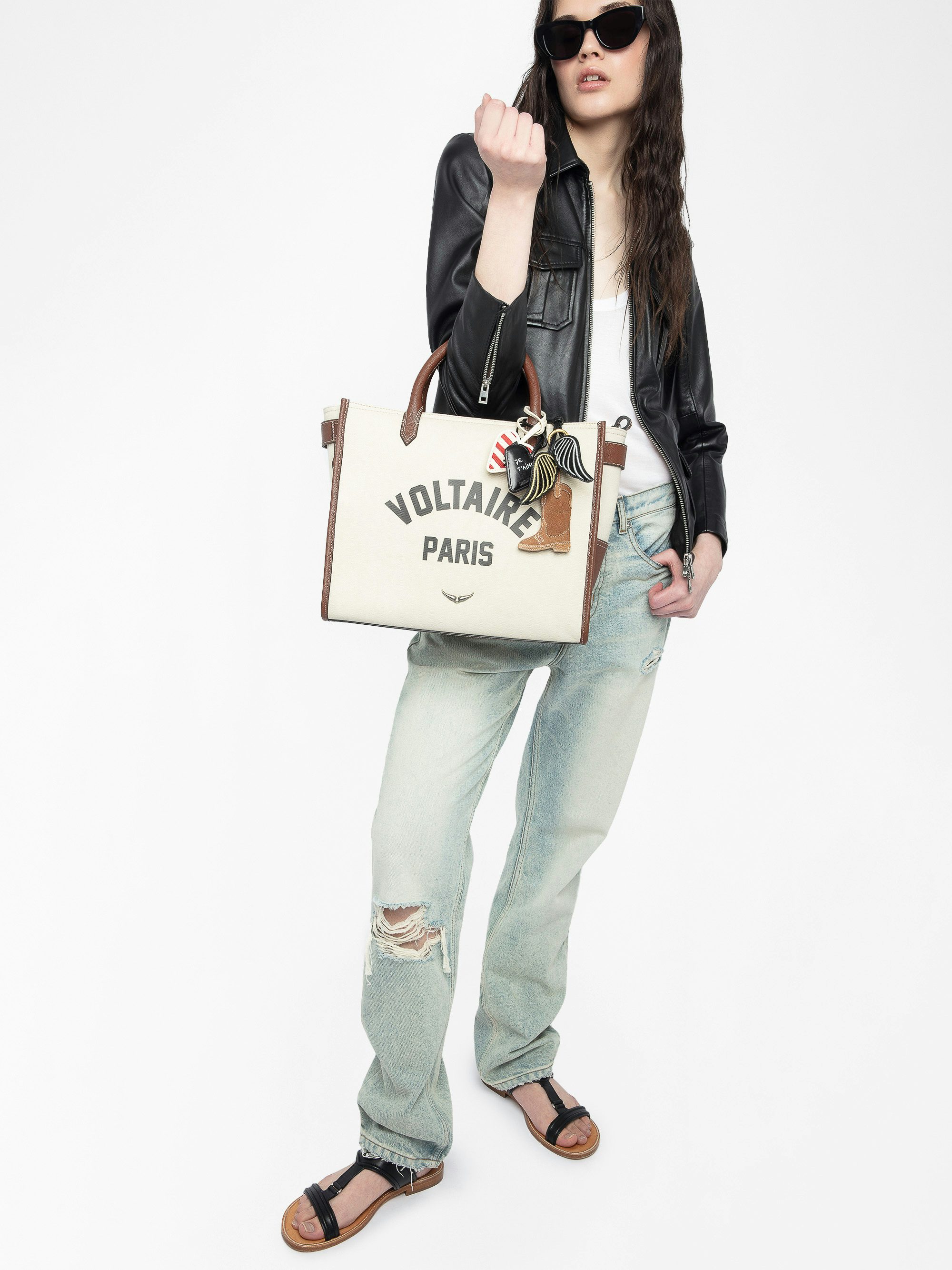 Angel Tote - Canvas and grained leather tote bag with double handles, shoulder strap and wing signature.